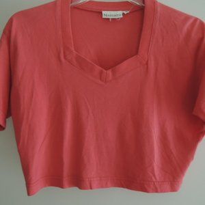 Ladies Crop Top Size L Coral Red S/S Shorter Length Tee 100% Cotton EUC